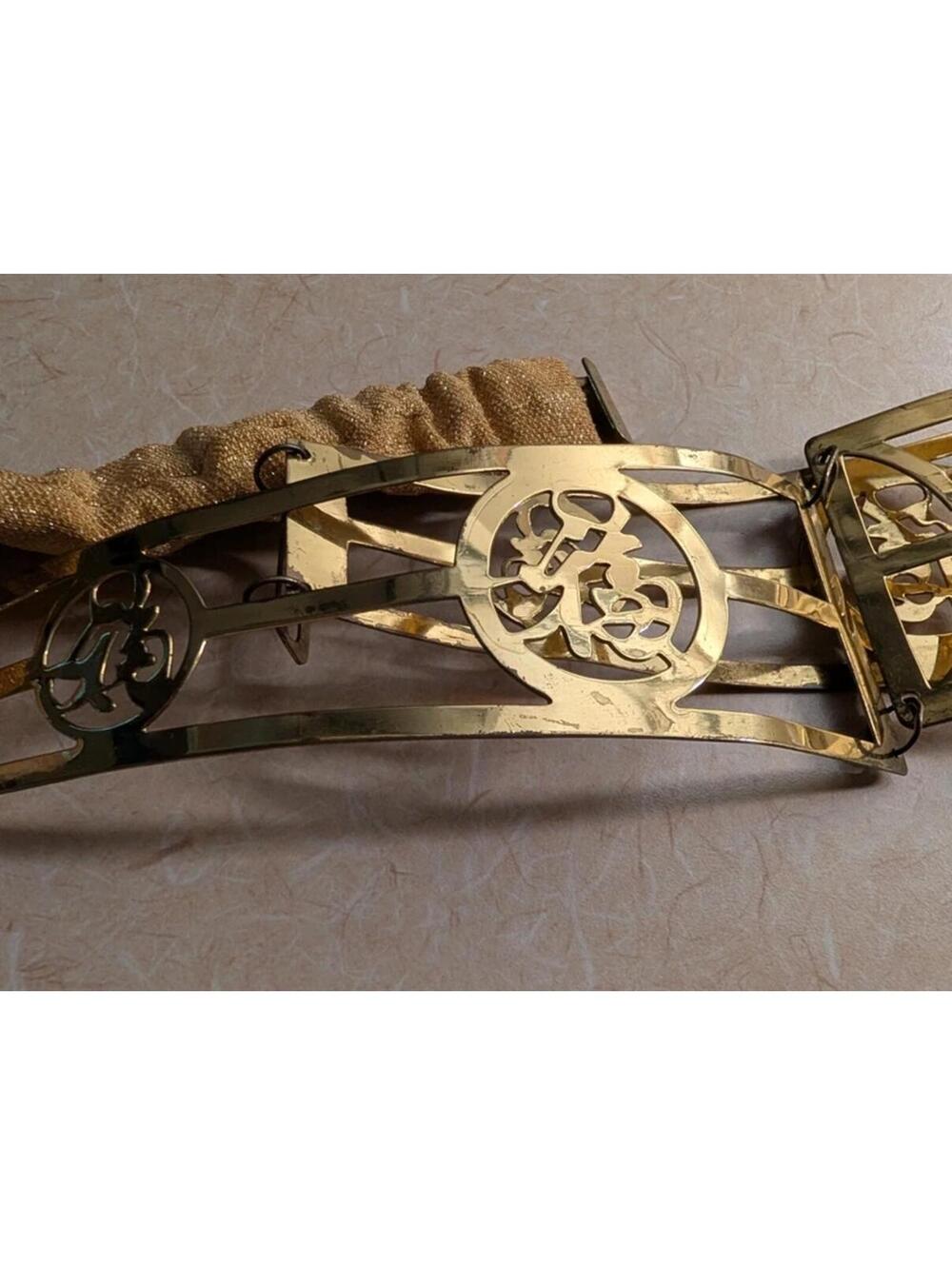 Vintage Gold Brass Metal Geometric Statement Belt Chinese Characters Accessory - Picture 6 of 8